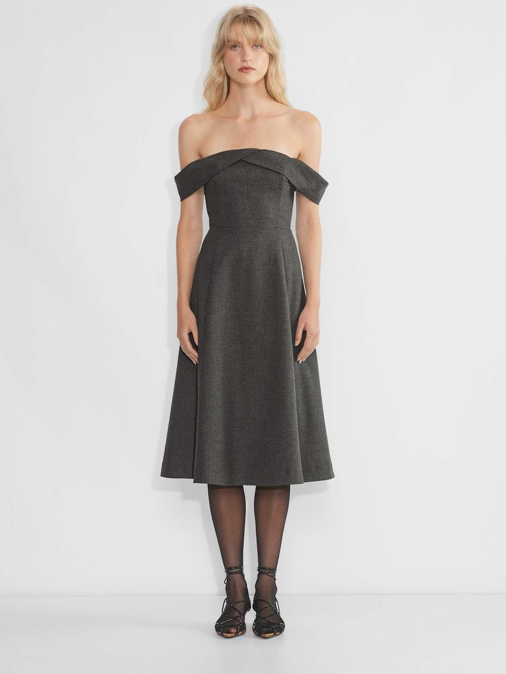 Wilfred Off-Shoulder A-Line Midi Dress in Charcoal Gray